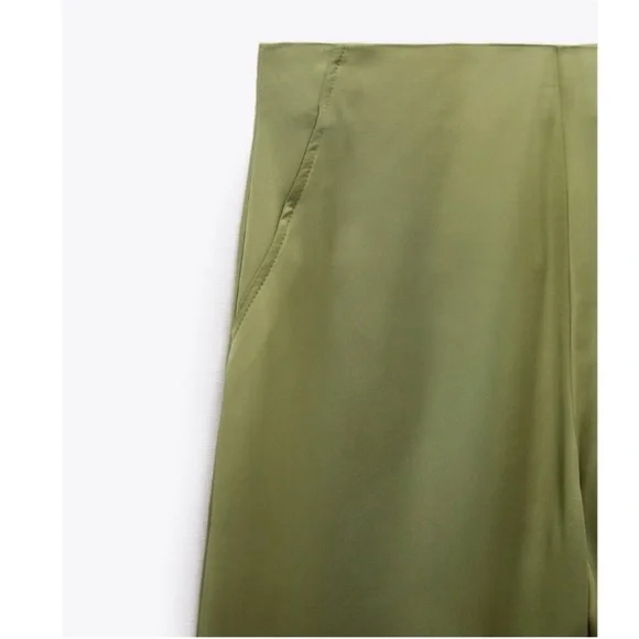 ZARA Wide Leg Green Satin Pants - Picture 8 of 11